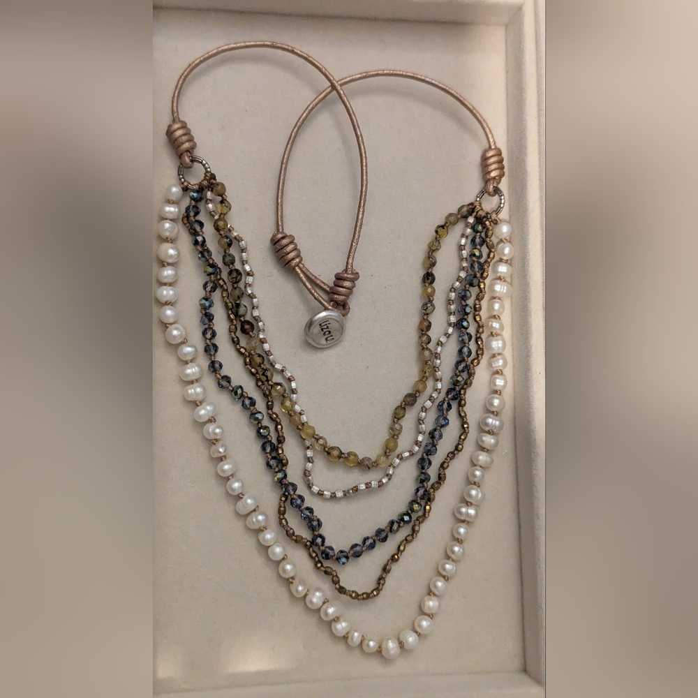 LIZOU Rare Silver Plated Freshwater Pearl, Dragon Vein Agate & Pyrite Corded Nec